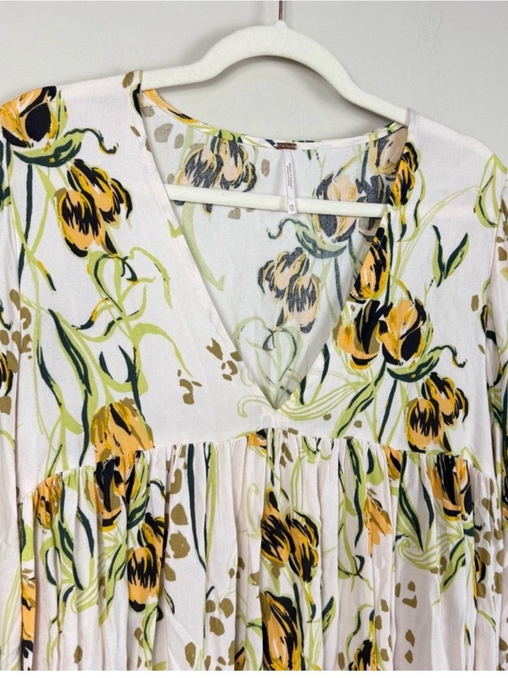 Free People White Floral V-Neck Peasant Top with Yellow & Green Print
